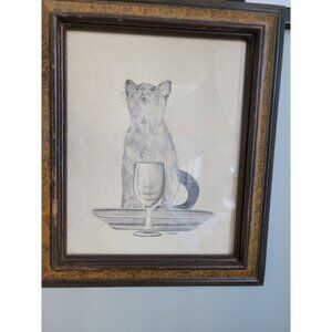 Vintage CAT Picture Drawing Pencil Sketch Wood Framing J. Camillo Artist Signed